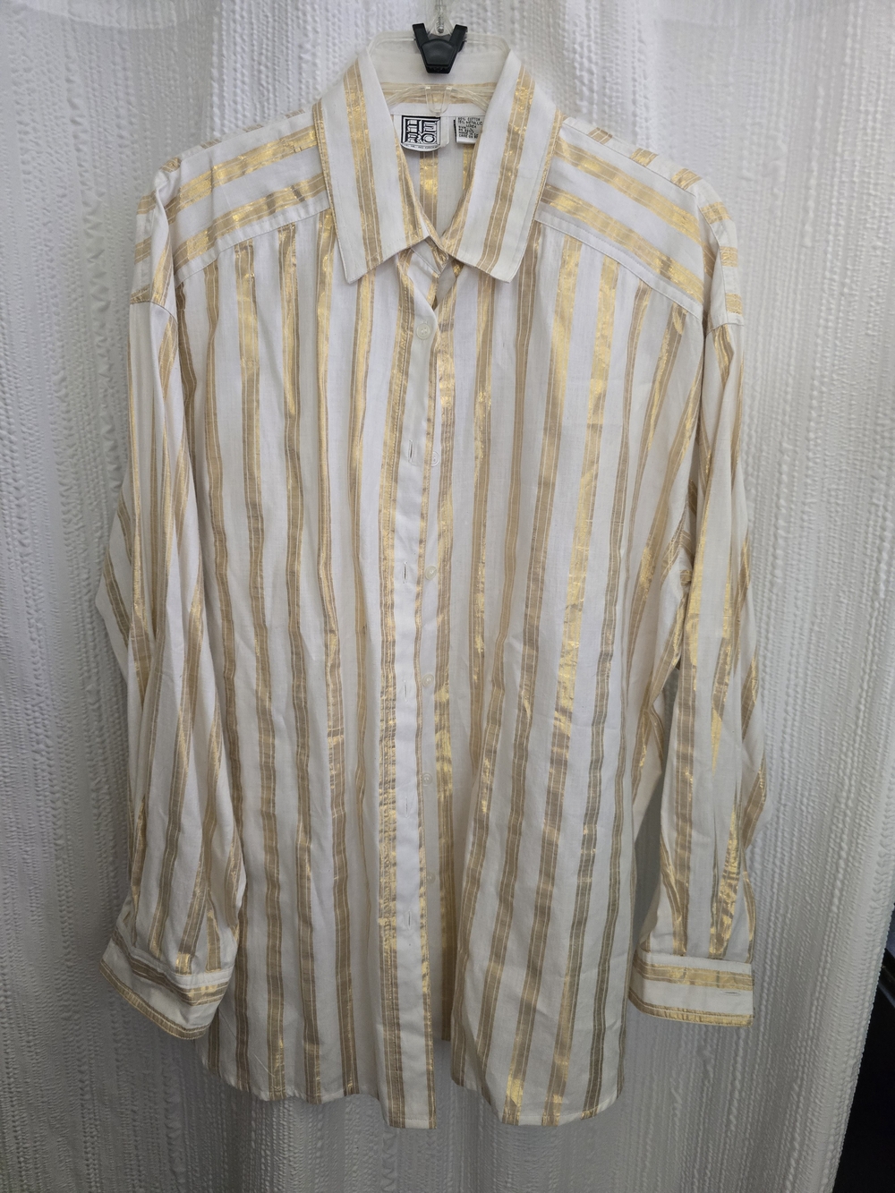Womens LARGE White and Gold Striped Button-Up Shirt